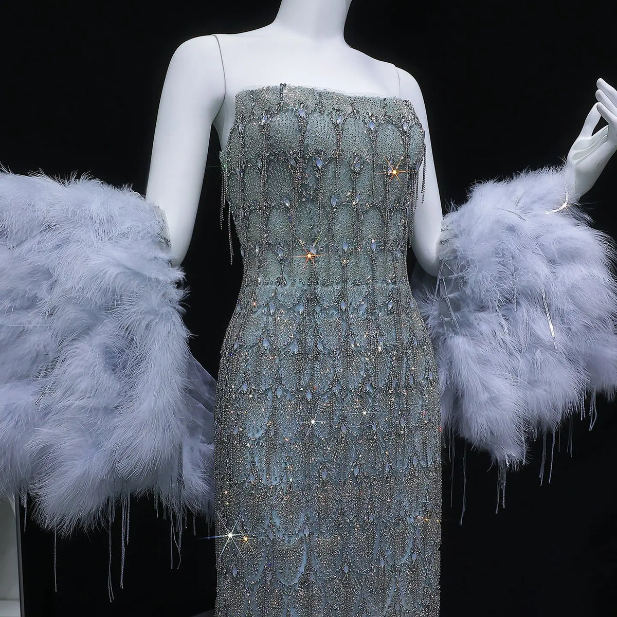 Luxury Silver Gray Beaded Feather Sleeve Fitted Long Evening Dress with Cape SS729 