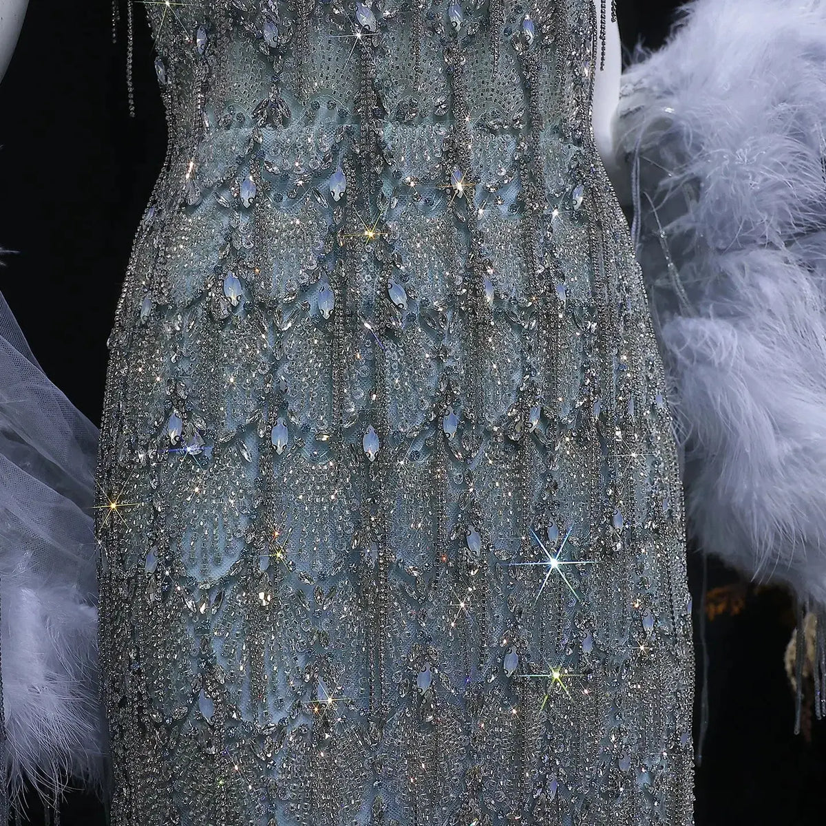Luxury Silver Gray Beaded Feather Sleeve Fitted Long Evening Dress with Cape SS729