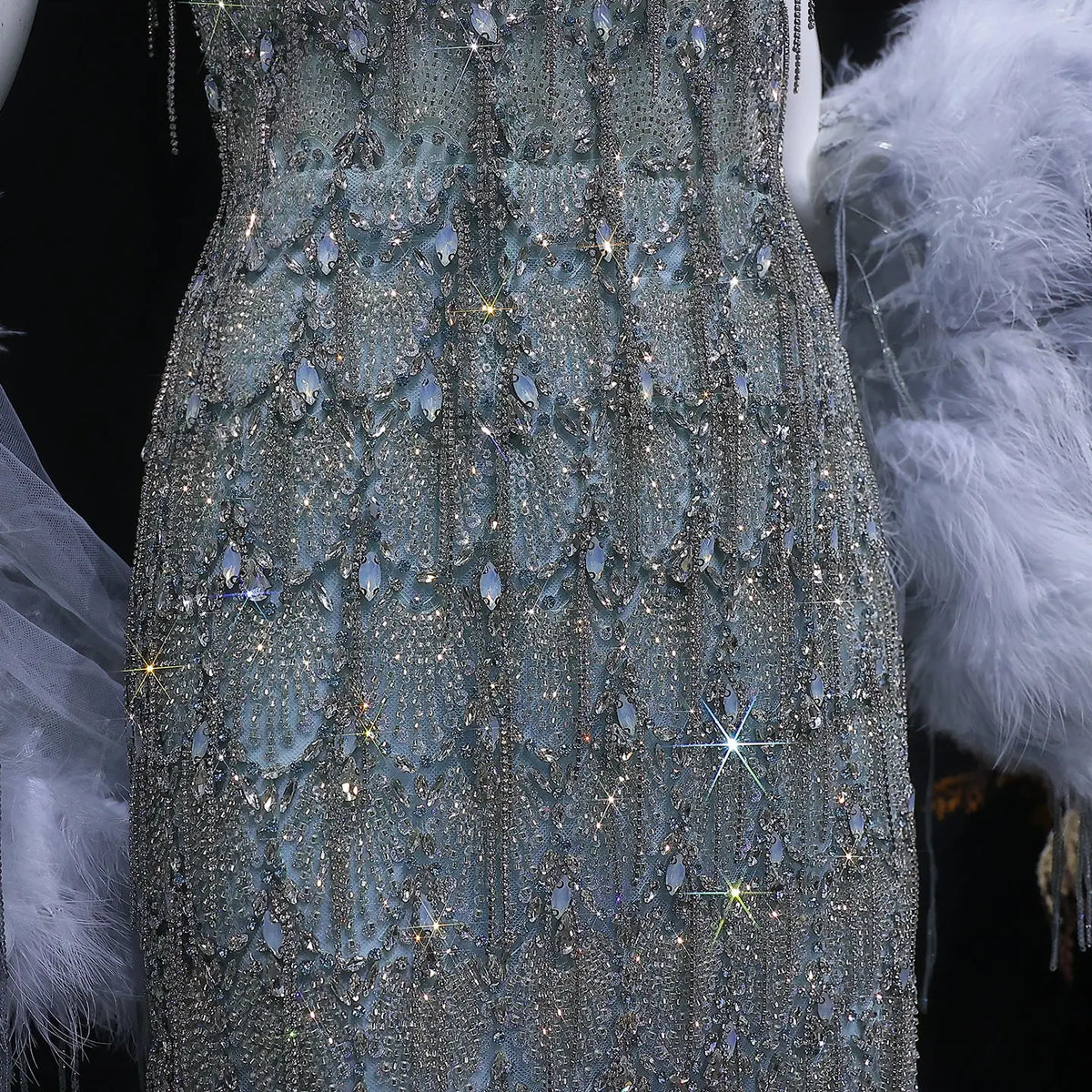 Luxury Silver Gray Beaded Feather Sleeve Fitted Long Evening Dress with Cape SS729 