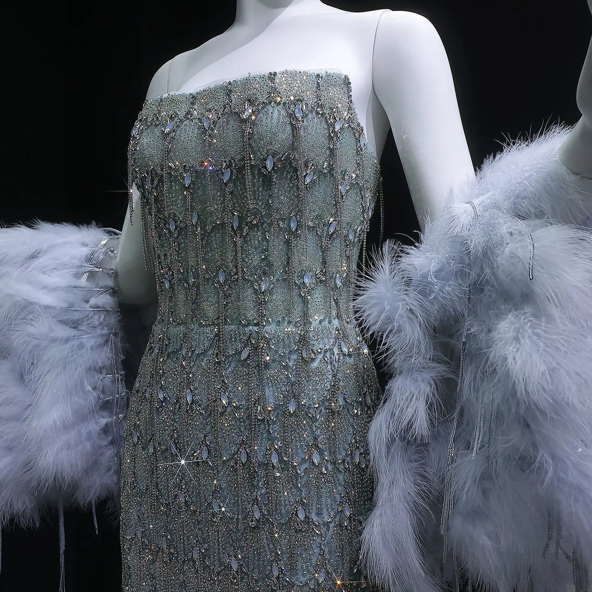 Luxury Silver Gray Beaded Feather Sleeve Fitted Long Evening Dress with Cape SS729 