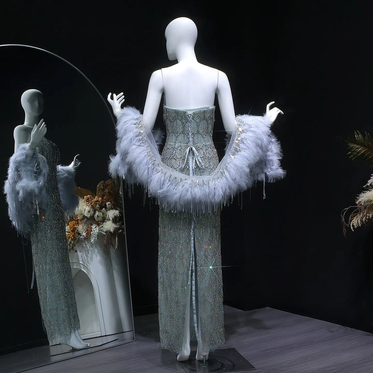 Luxury Silver Gray Beaded Feather Sleeve Fitted Long Evening Dress with Cape SS729 