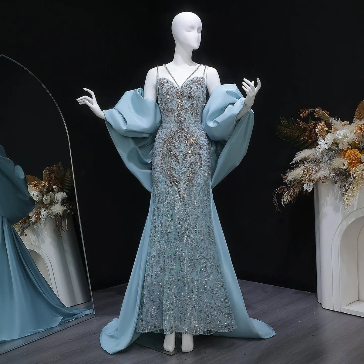Luxury Blue Beaded Big Cape Mermaid Fitted Evening Dress with Overskirt SS730 