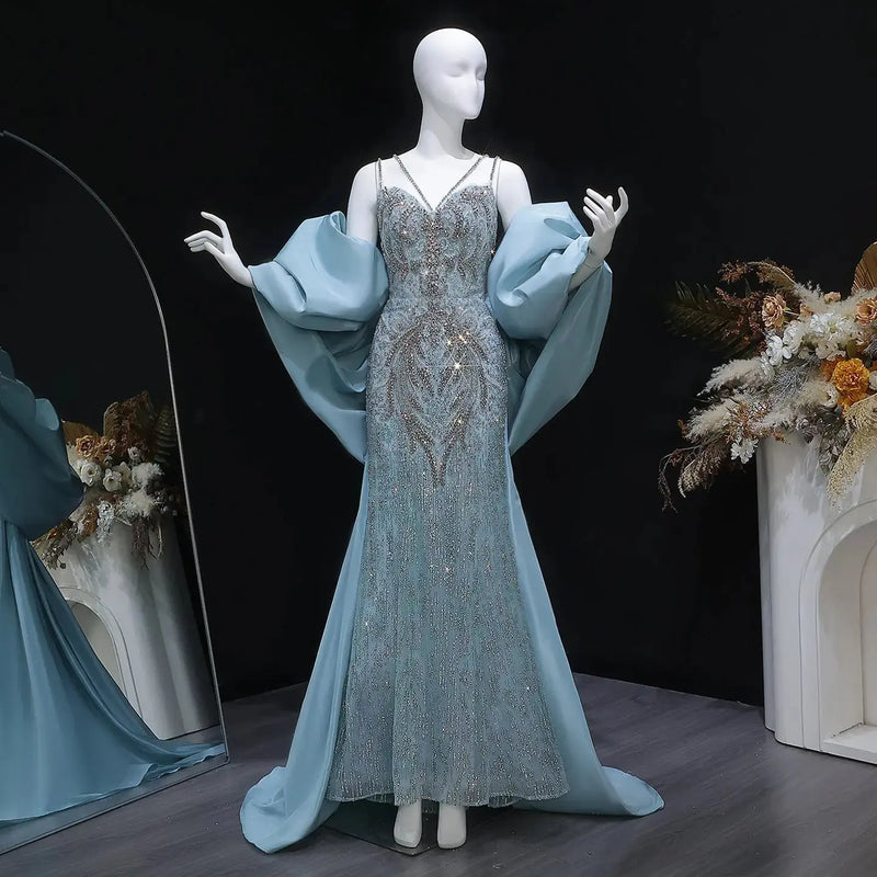 Luxury Blue Beaded Big Cape Mermaid Fitted Evening Dress with Overskirt SS730 