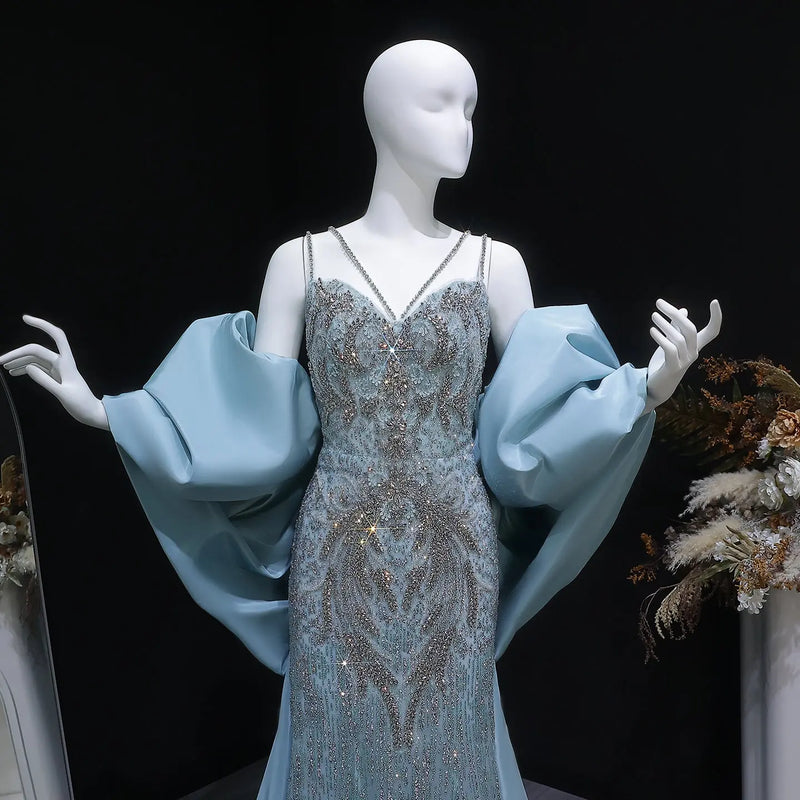 Luxury Blue Beaded Big Cape Mermaid Fitted Evening Dress with Overskirt SS730 