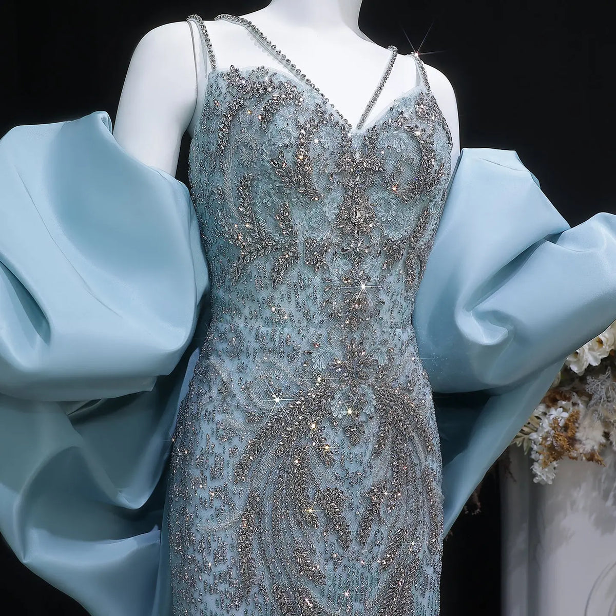 Luxury Blue Beaded Big Cape Mermaid Fitted Evening Dress with Overskirt SS730 