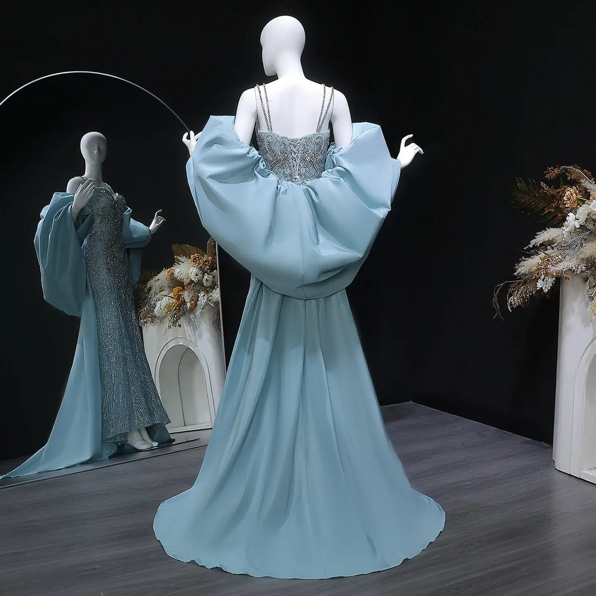 Luxury Blue Beaded Big Cape Mermaid Fitted Evening Dress with Overskirt SS730 