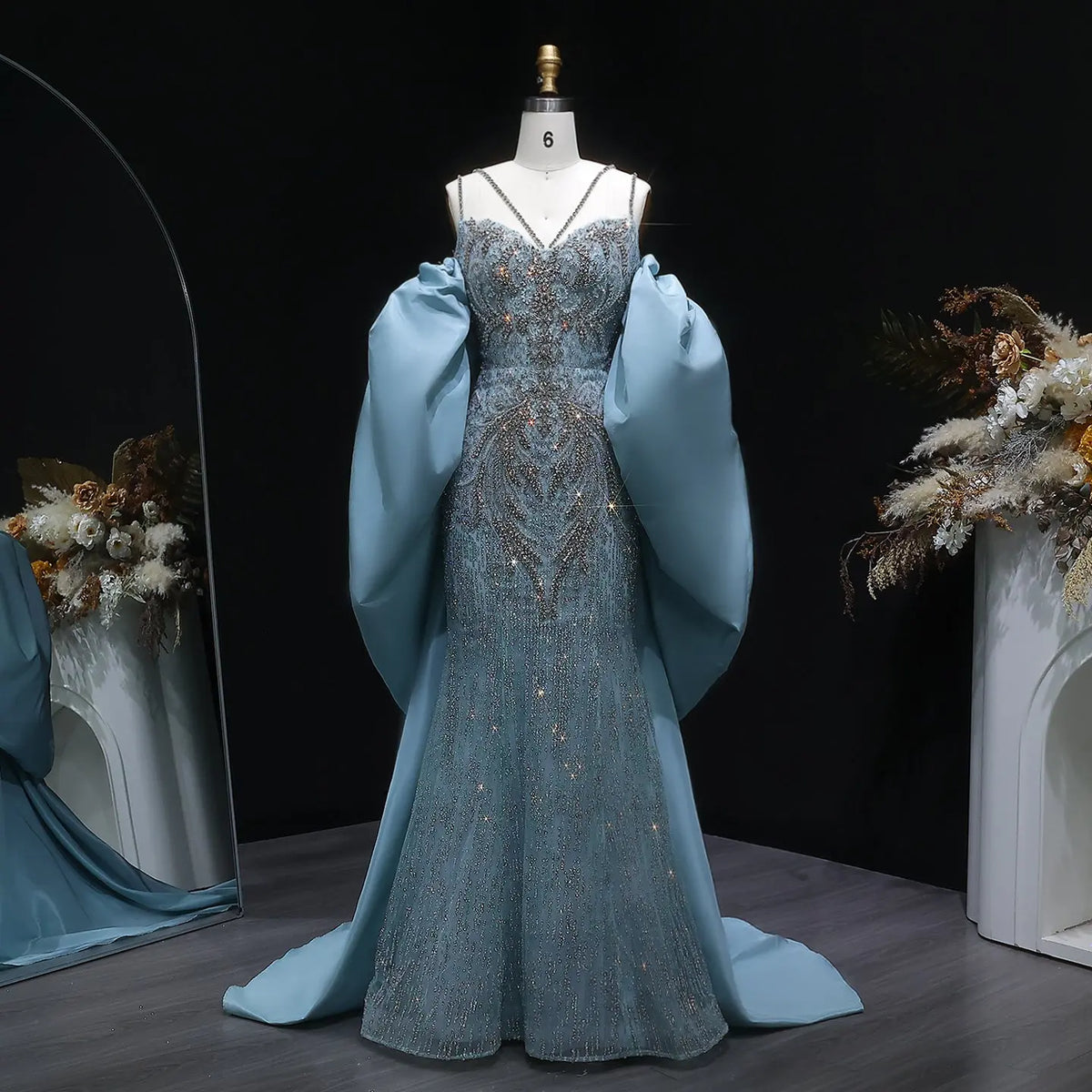 Luxury Blue Beaded Big Cape Mermaid Fitted Evening Dress with Overskirt SS730 