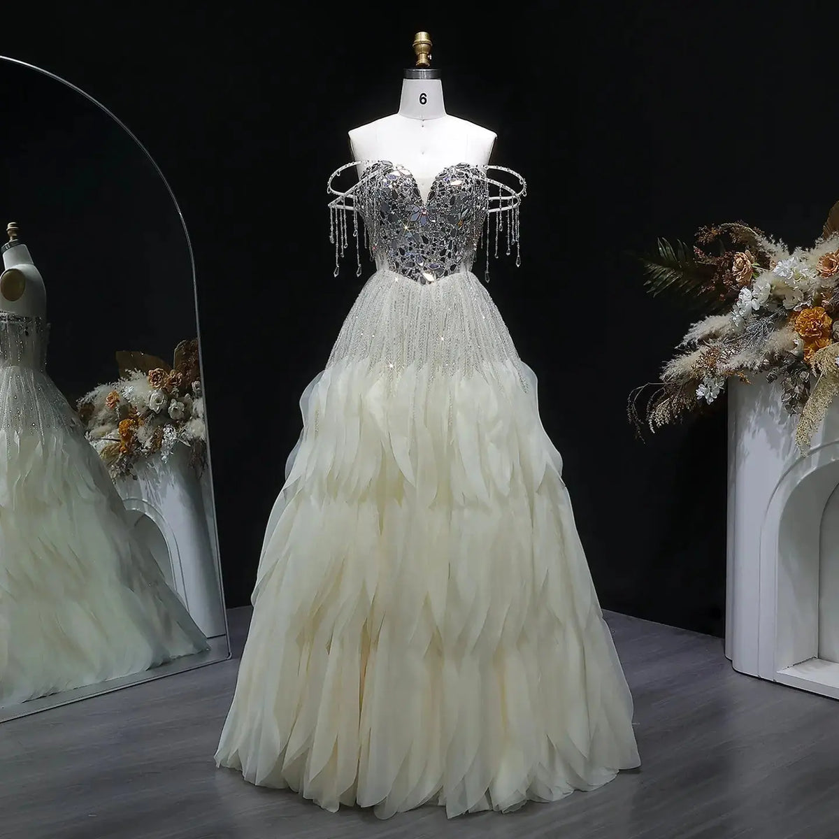 Luxury Beige Tassel Strapless Layered Tulle Ball Gown Evening Dress SS734 