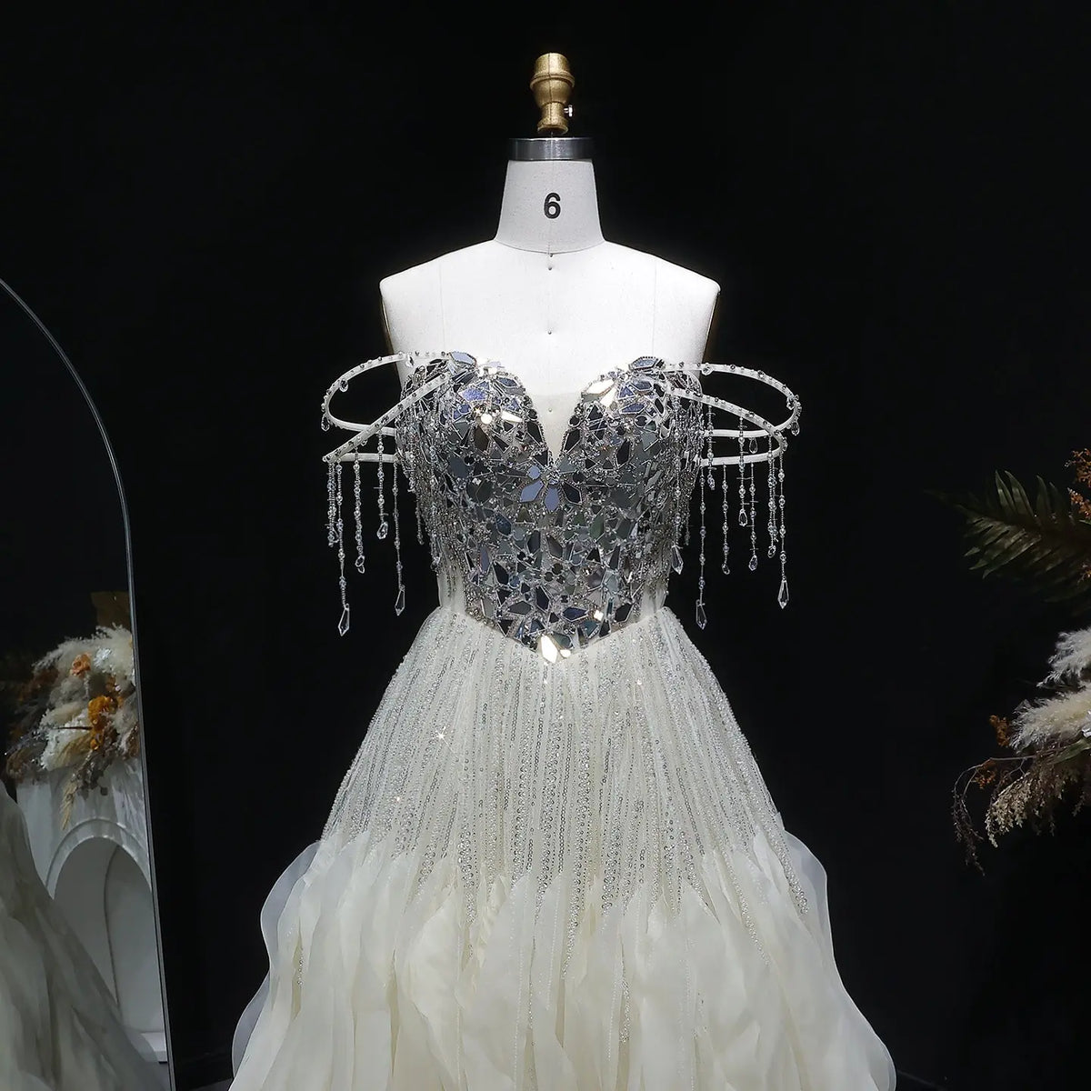 Luxury Beige Tassel Strapless Layered Tulle Ball Gown Evening Dress SS734 