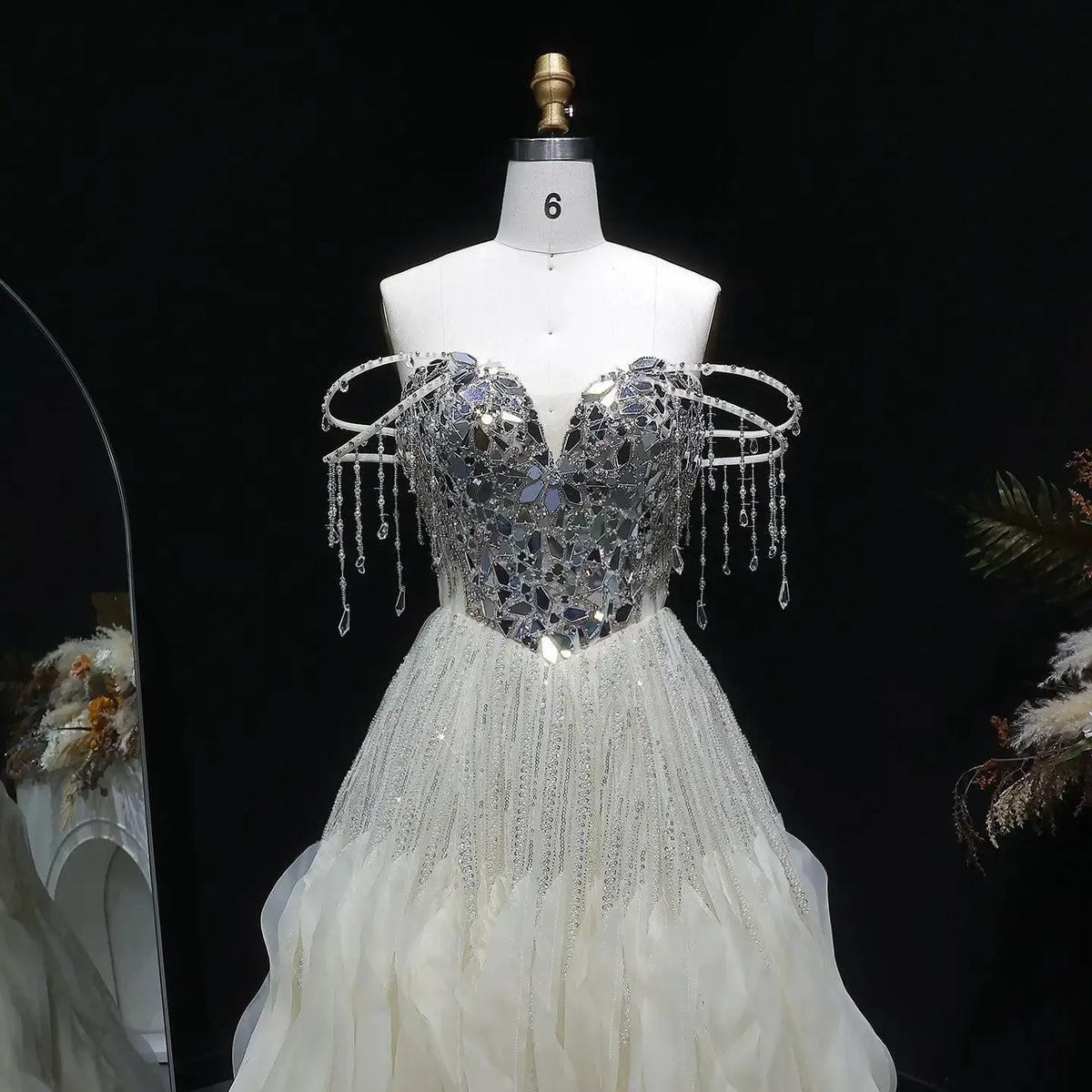 Luxury Beige Tassel Strapless Layered Tulle Ball Gown Evening Dress SS734 