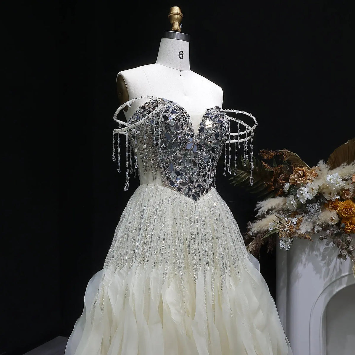 Luxury Beige Tassel Strapless Layered Tulle Ball Gown Evening Dress SS734 