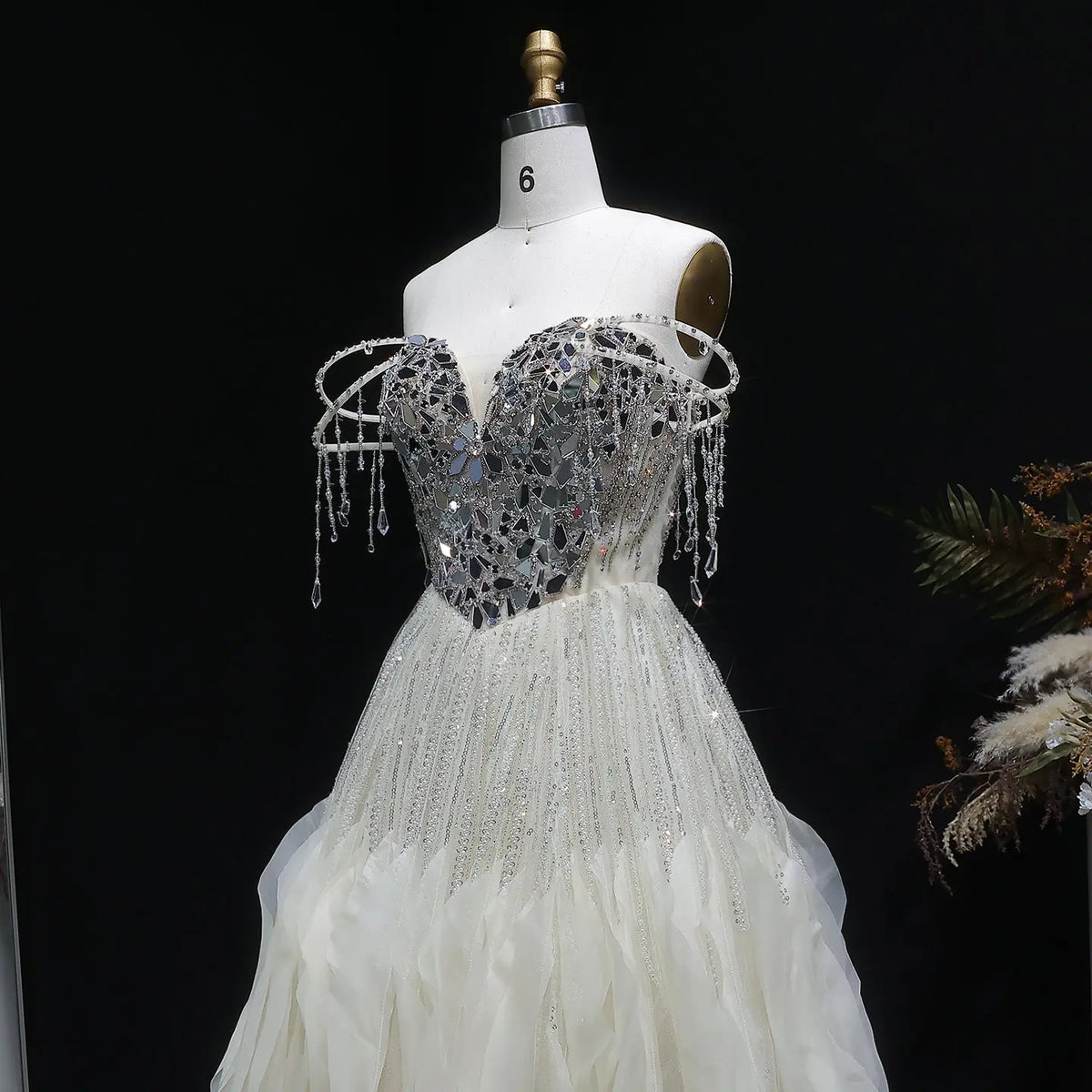 Luxury Beige Tassel Strapless Layered Tulle Ball Gown Evening Dress SS734 