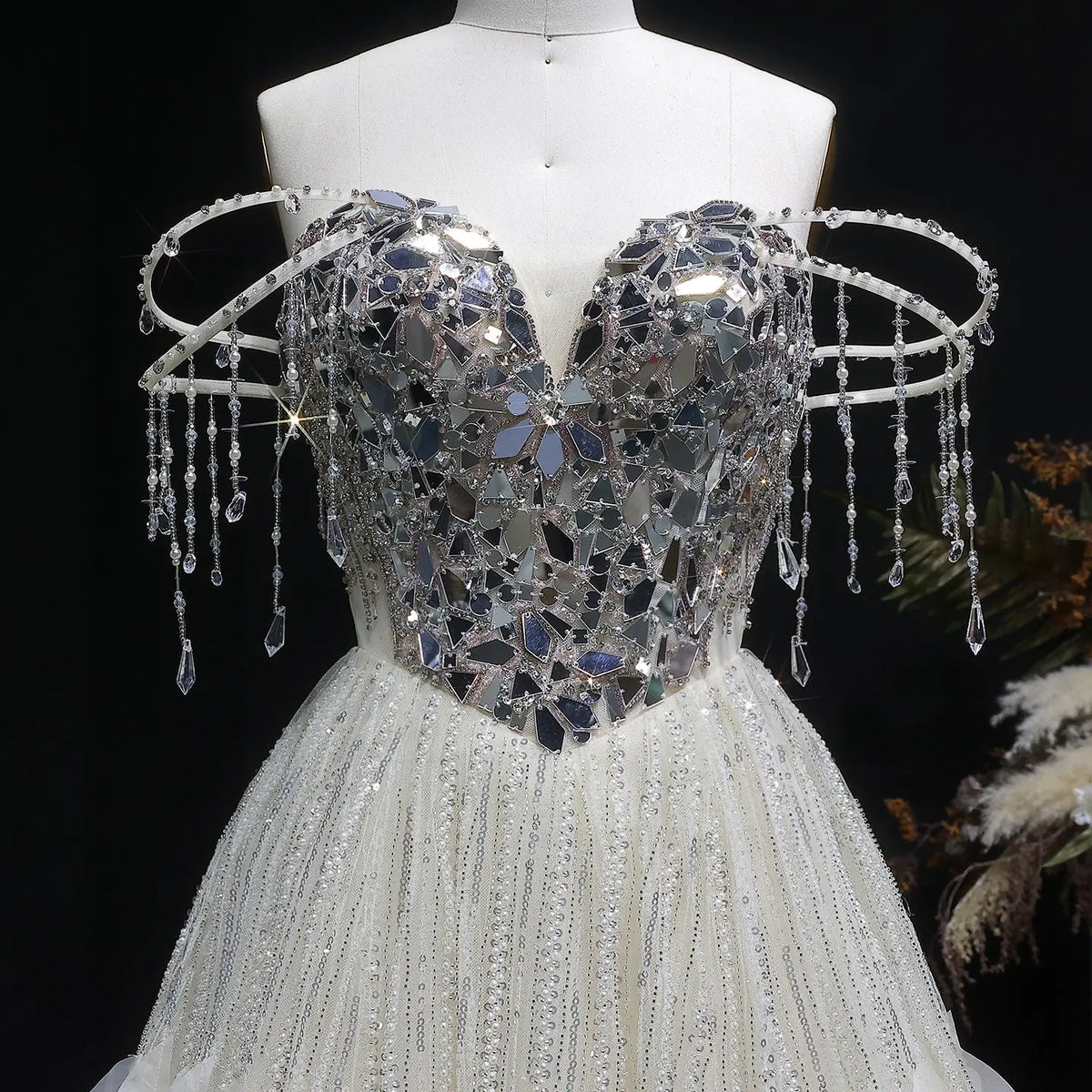 Luxury Beige Tassel Strapless Layered Tulle Ball Gown Evening Dress SS734 