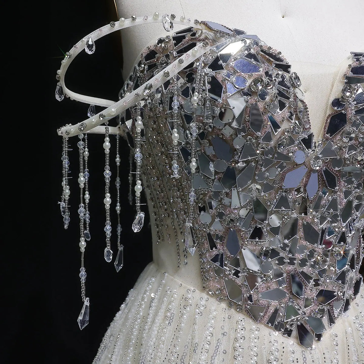 Luxury Beige Tassel Strapless Layered Tulle Ball Gown Evening Dress SS734 