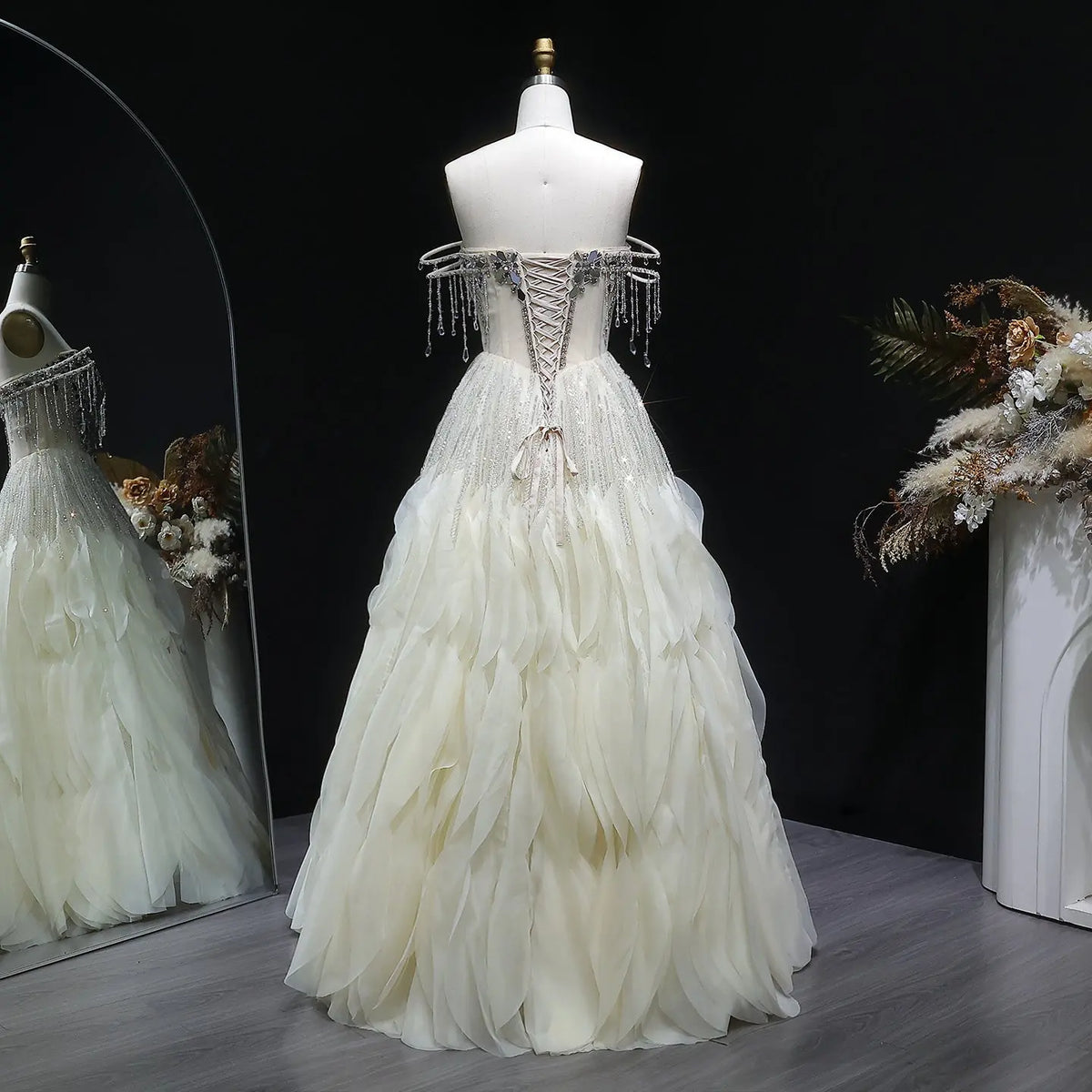 Luxury Beige Tassel Strapless Layered Tulle Ball Gown Evening Dress SS734 