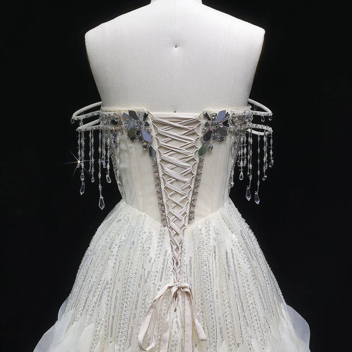 Luxury Beige Tassel Strapless Layered Tulle Ball Gown Evening Dress SS734 