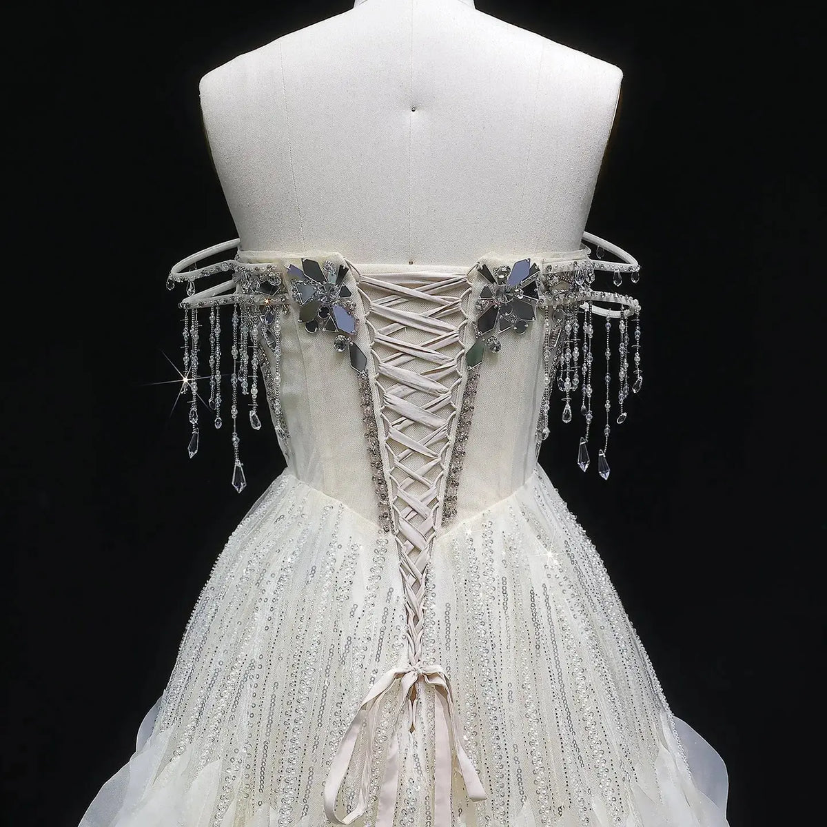 Luxury Beige Tassel Strapless Layered Tulle Ball Gown Evening Dress SS734 