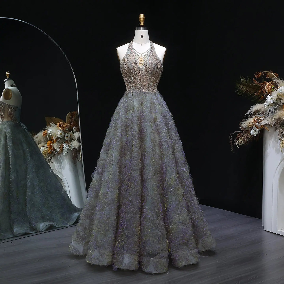 Luxury Gray Green Gradient Beaded Spaghetti Strap Evening Dress SS735 