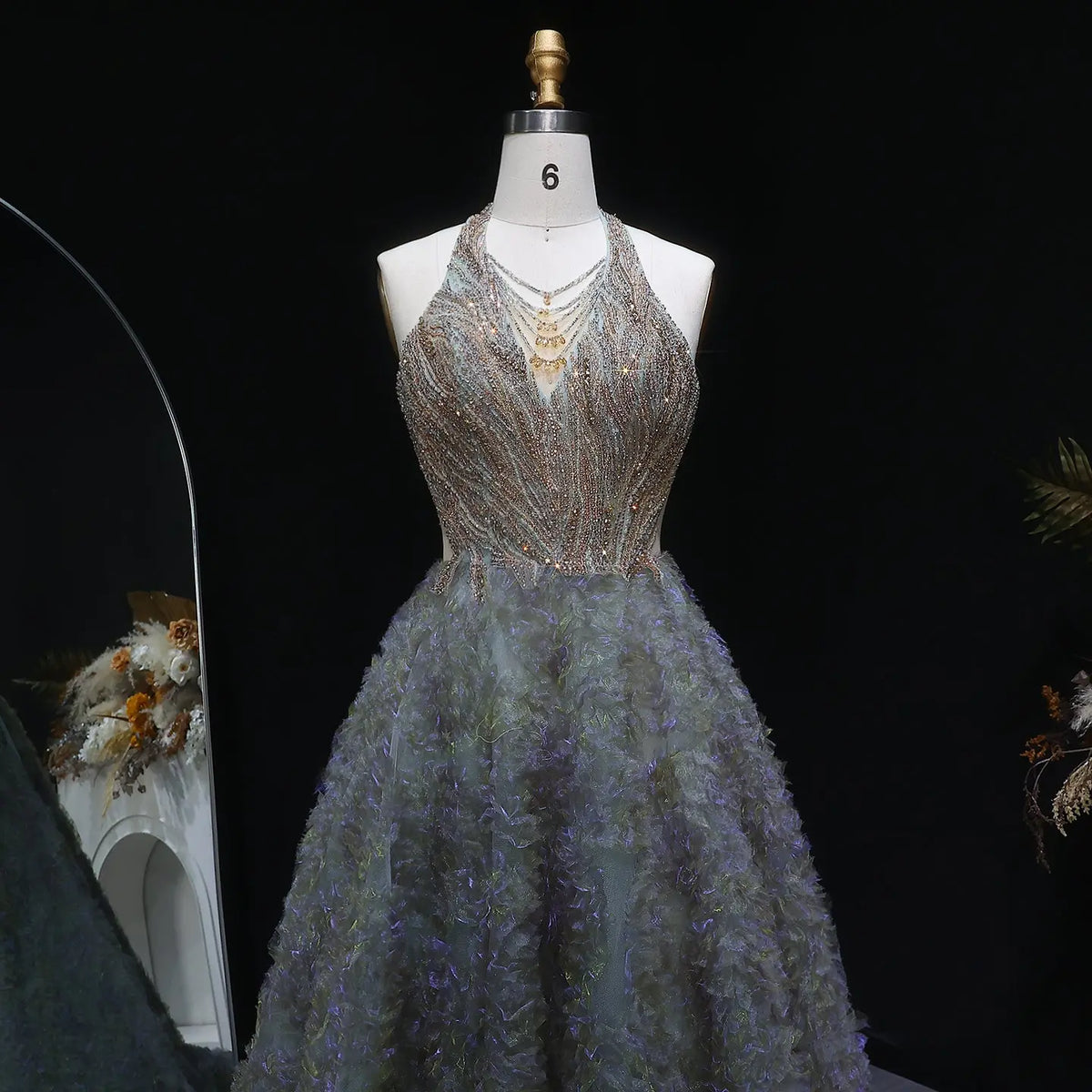 Luxury Gray Green Gradient Beaded Spaghetti Strap Evening Dress SS735 