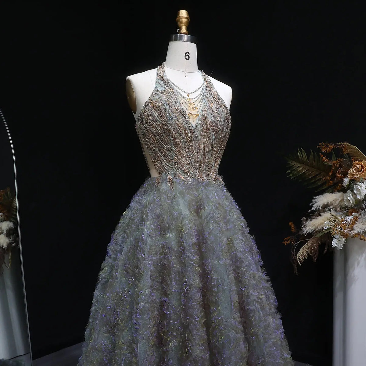 Luxury Gray Green Gradient Beaded Spaghetti Strap Evening Dress SS735 