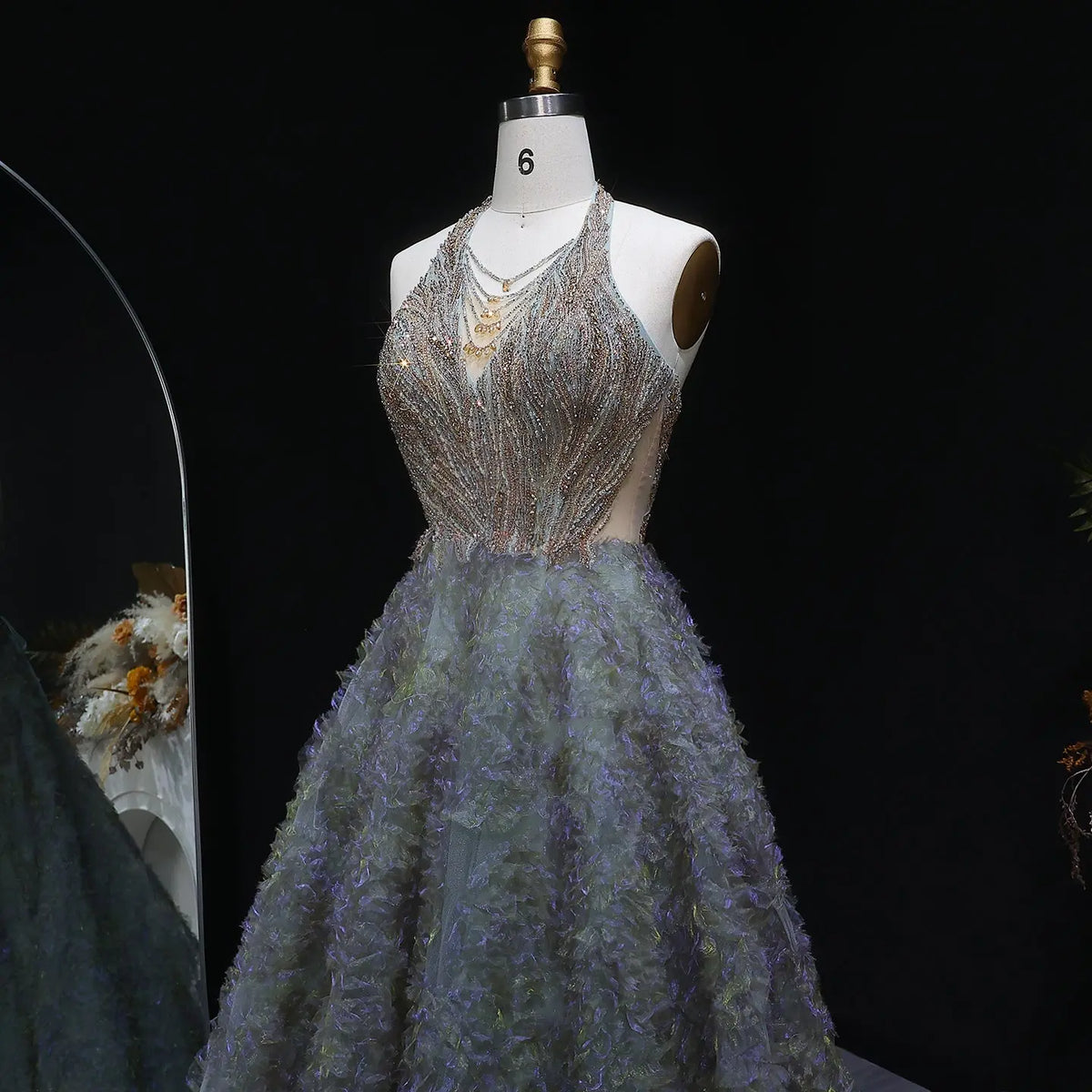 Luxury Gray Green Gradient Beaded Spaghetti Strap Evening Dress SS735 