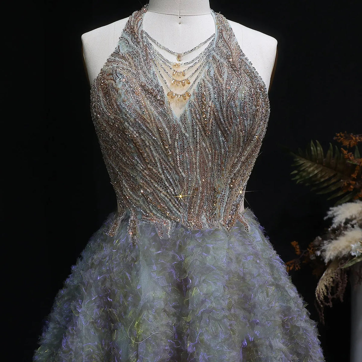 Luxury Gray Green Gradient Beaded Spaghetti Strap Evening Dress SS735 