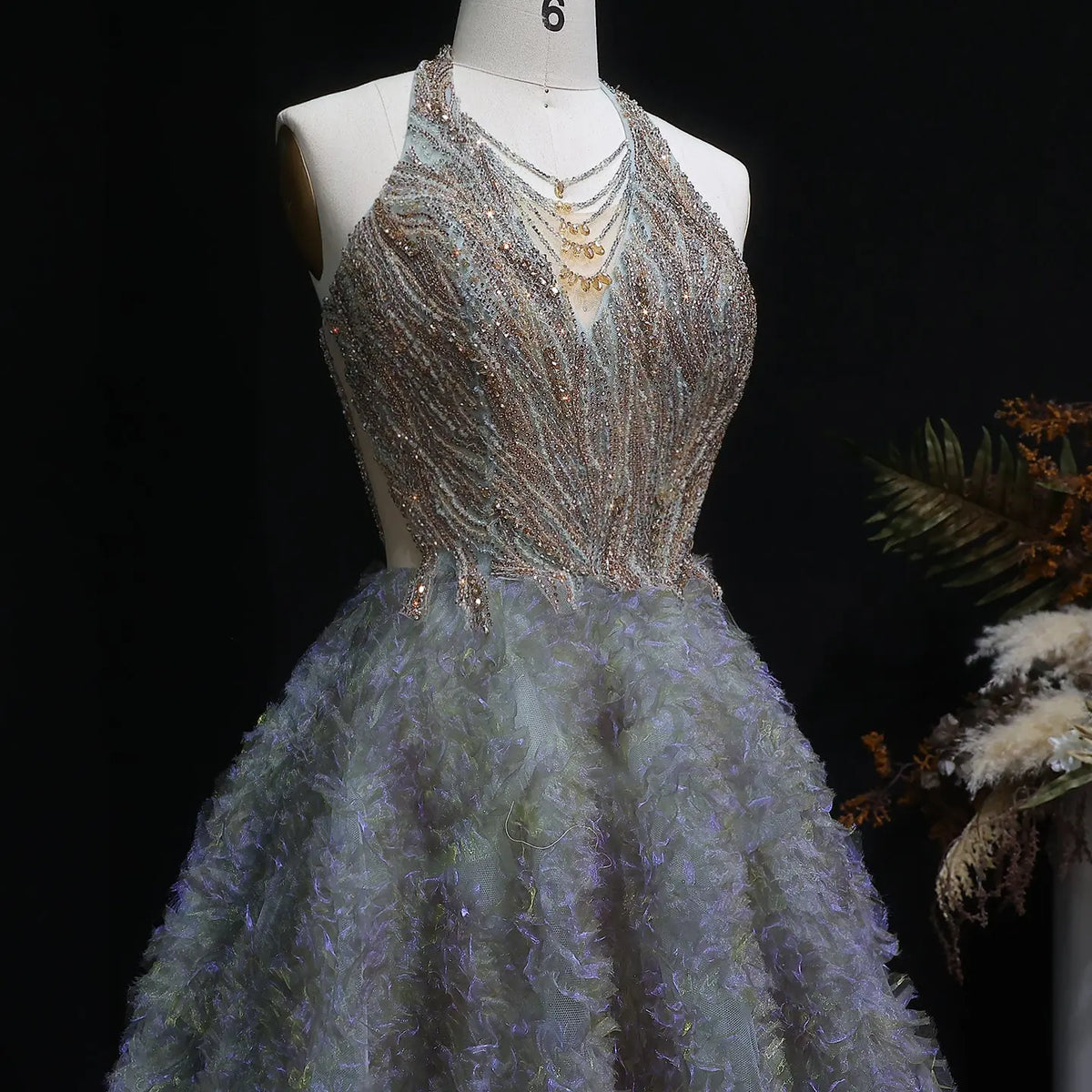 Luxury Gray Green Gradient Beaded Spaghetti Strap Evening Dress SS735 