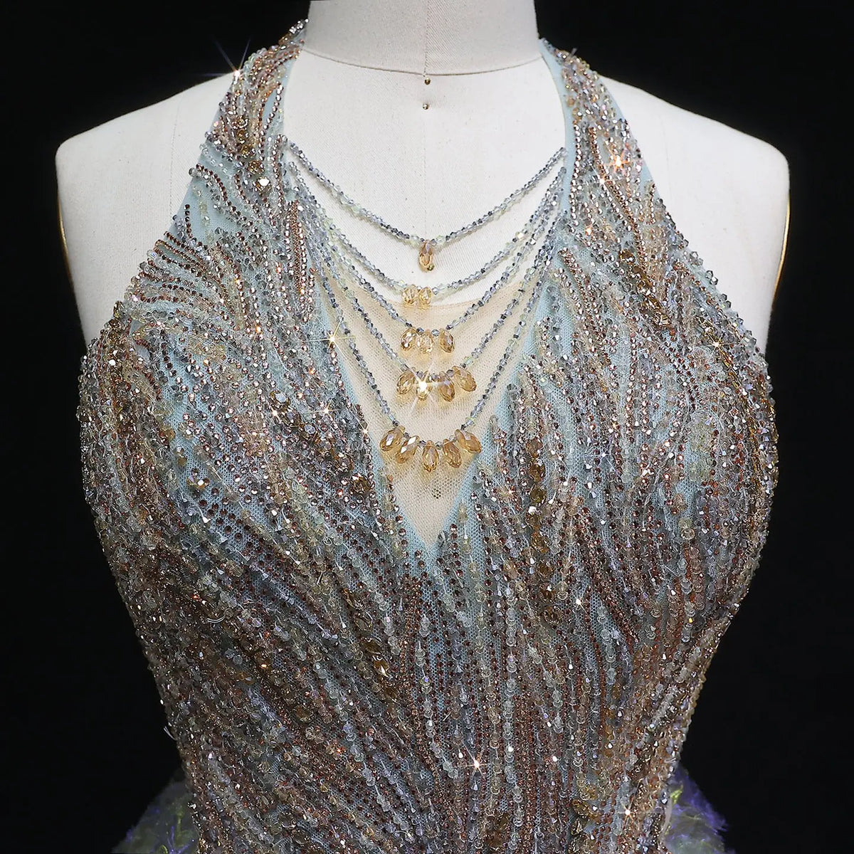 Luxury Gray Green Gradient Beaded Spaghetti Strap Evening Dress SS735 