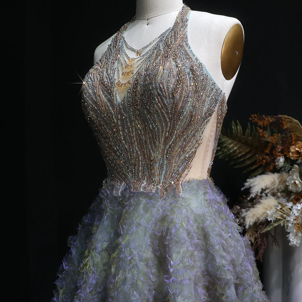 Luxury Gray Green Gradient Beaded Spaghetti Strap Evening Dress SS735 