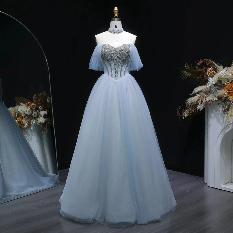 Luxury Blue Beaded Off-the-Shoulder Tulle Evening Dress with Necklace SS736 