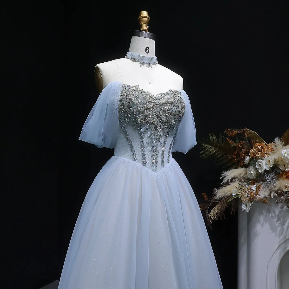 Luxury Blue Beaded Off-the-Shoulder Tulle Evening Dress with Necklace SS736 