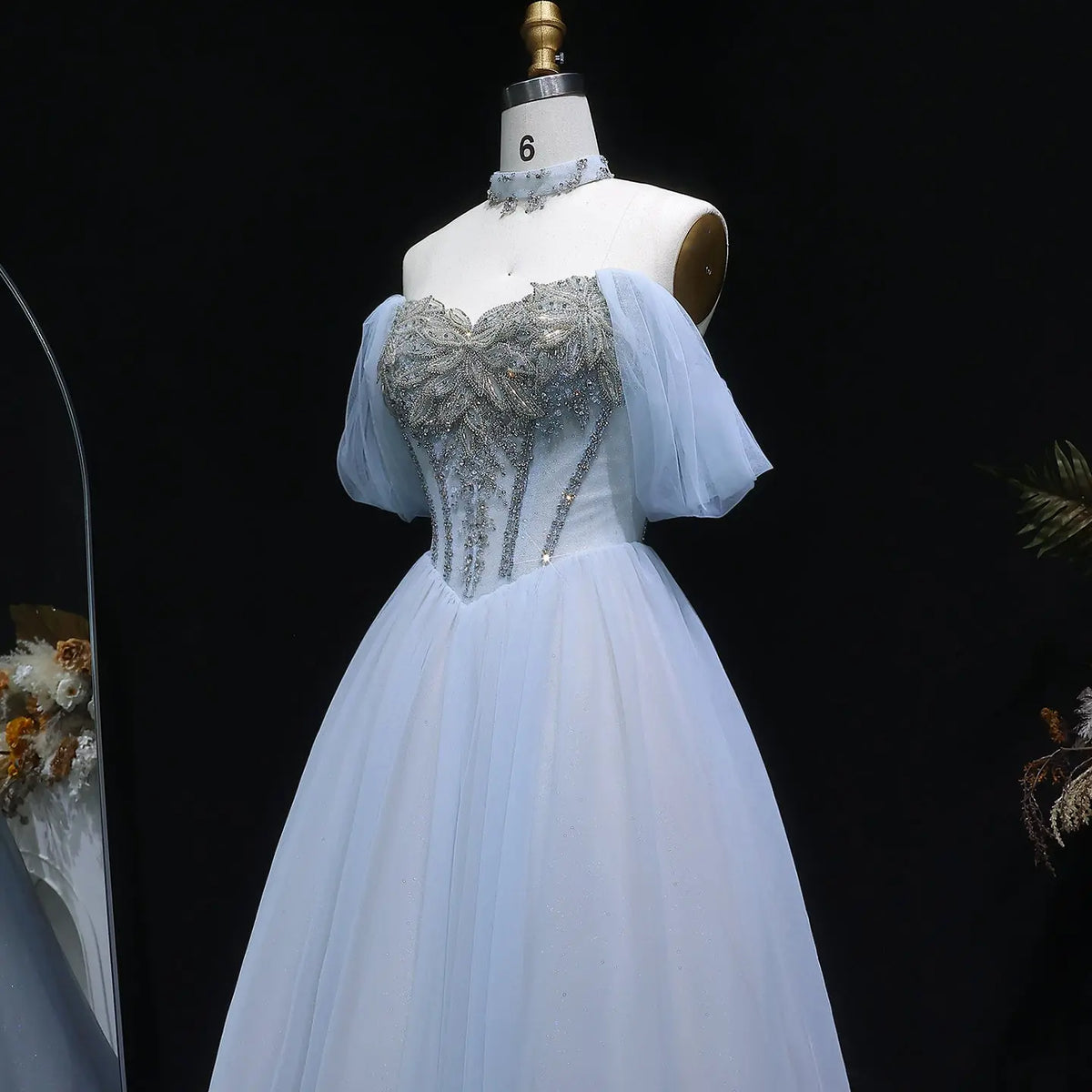 Luxury Blue Beaded Off-the-Shoulder Tulle Evening Dress with Necklace SS736 