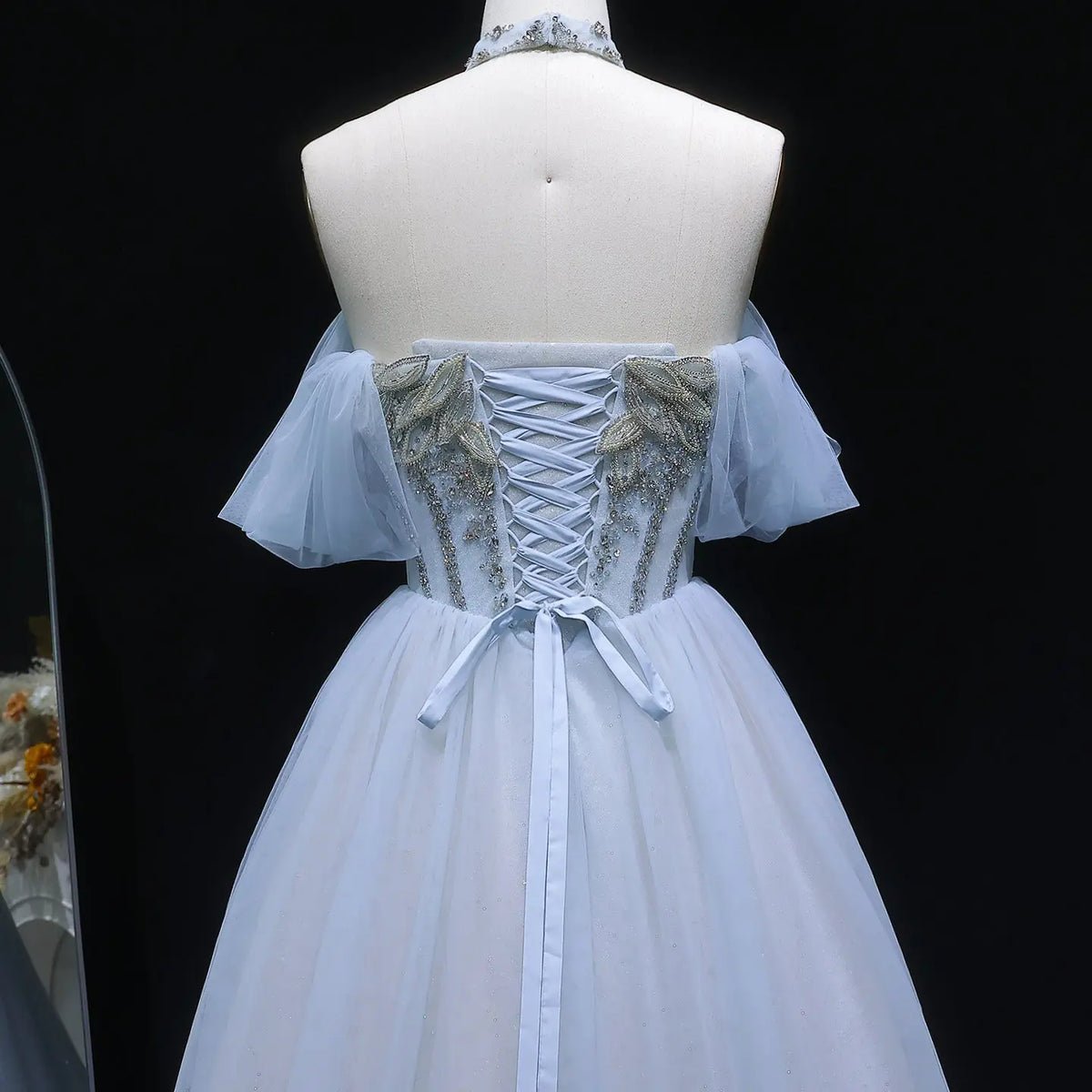 Luxury Blue Beaded Off-the-Shoulder Tulle Evening Dress with Necklace SS736 