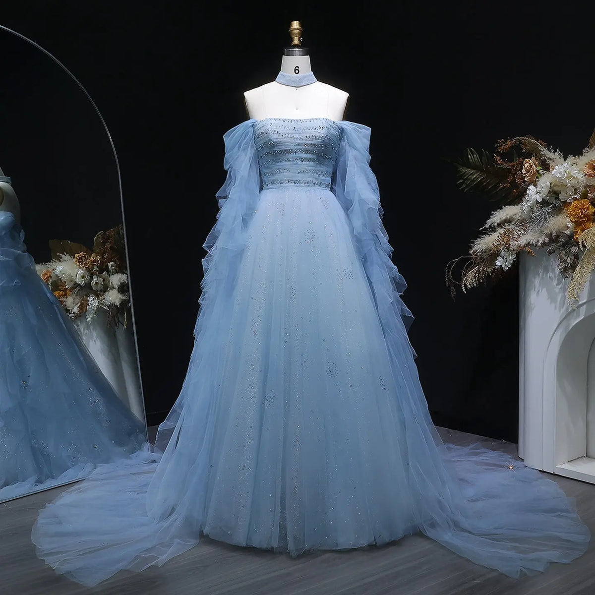 Luxury Blue Flowy Cape Beaded Waist Ball Gown Evening Dress SS737 