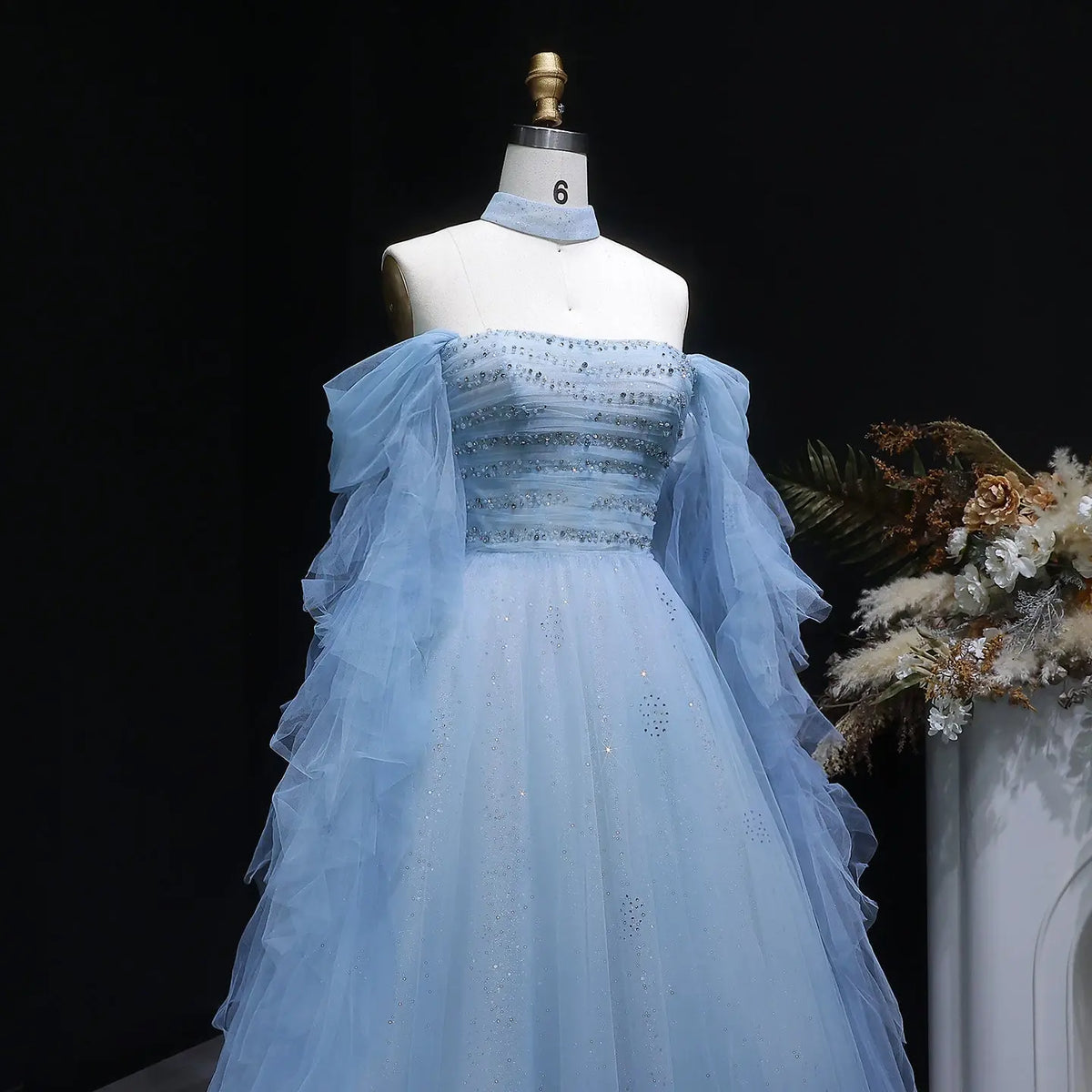 Luxury Blue Flowy Cape Beaded Waist Ball Gown Evening Dress SS737 