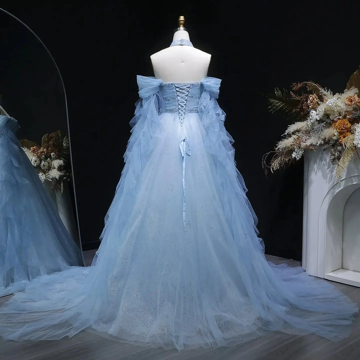 Luxury Blue Flowy Cape Beaded Waist Ball Gown Evening Dress SS737