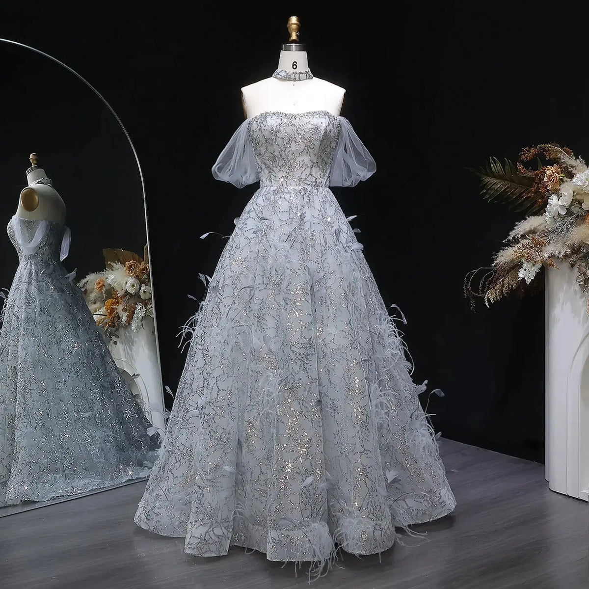 Luxury Gray Feather Lace Beaded Off-the-Shoulder Train Evening Dress SS738 