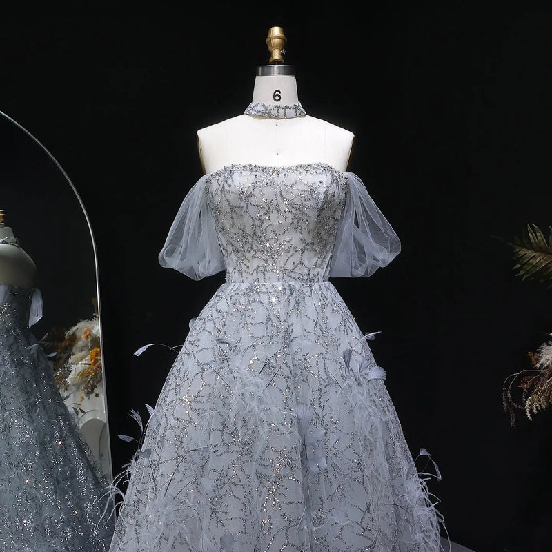 Luxury Gray Feather Lace Beaded Off-the-Shoulder Train Evening Dress SS738 