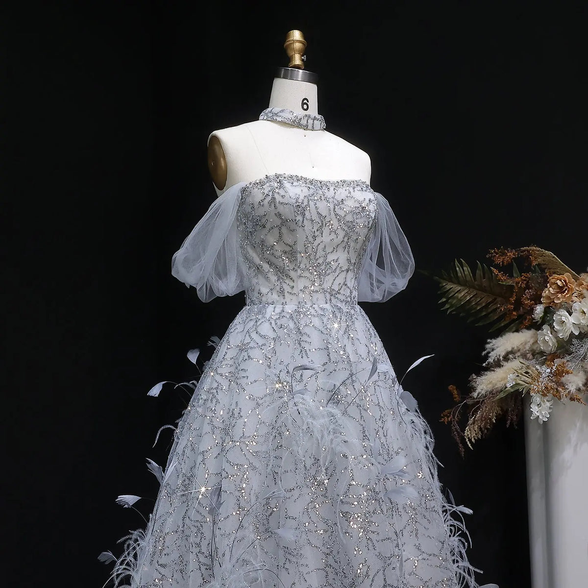 Luxury Gray Feather Lace Beaded Off-the-Shoulder Train Evening Dress SS738 