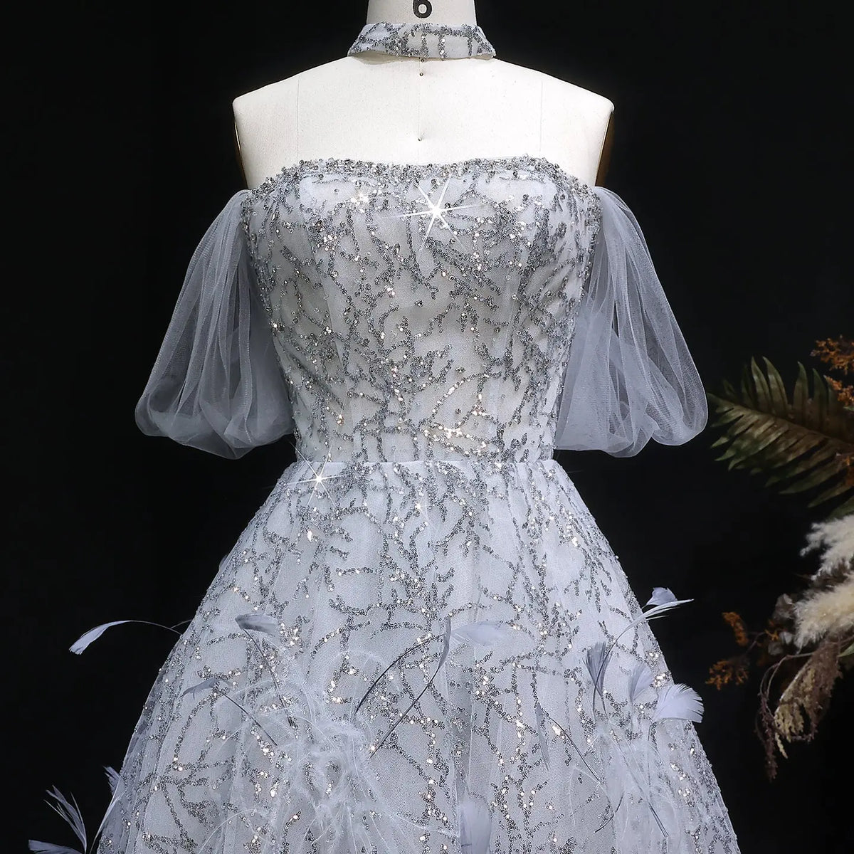 Luxury Gray Feather Lace Beaded Off-the-Shoulder Train Evening Dress SS738 