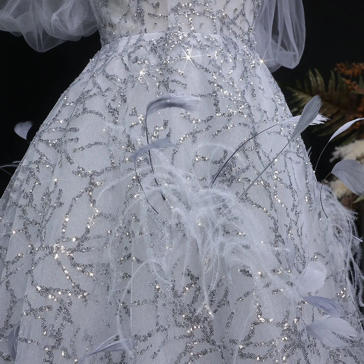 Luxury Gray Feather Lace Beaded Off-the-Shoulder Train Evening Dress SS738 