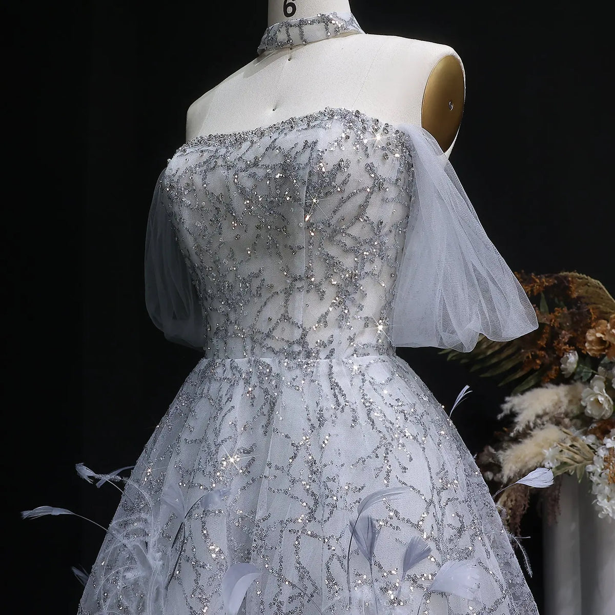 Luxury Gray Feather Lace Beaded Off-the-Shoulder Train Evening Dress SS738 