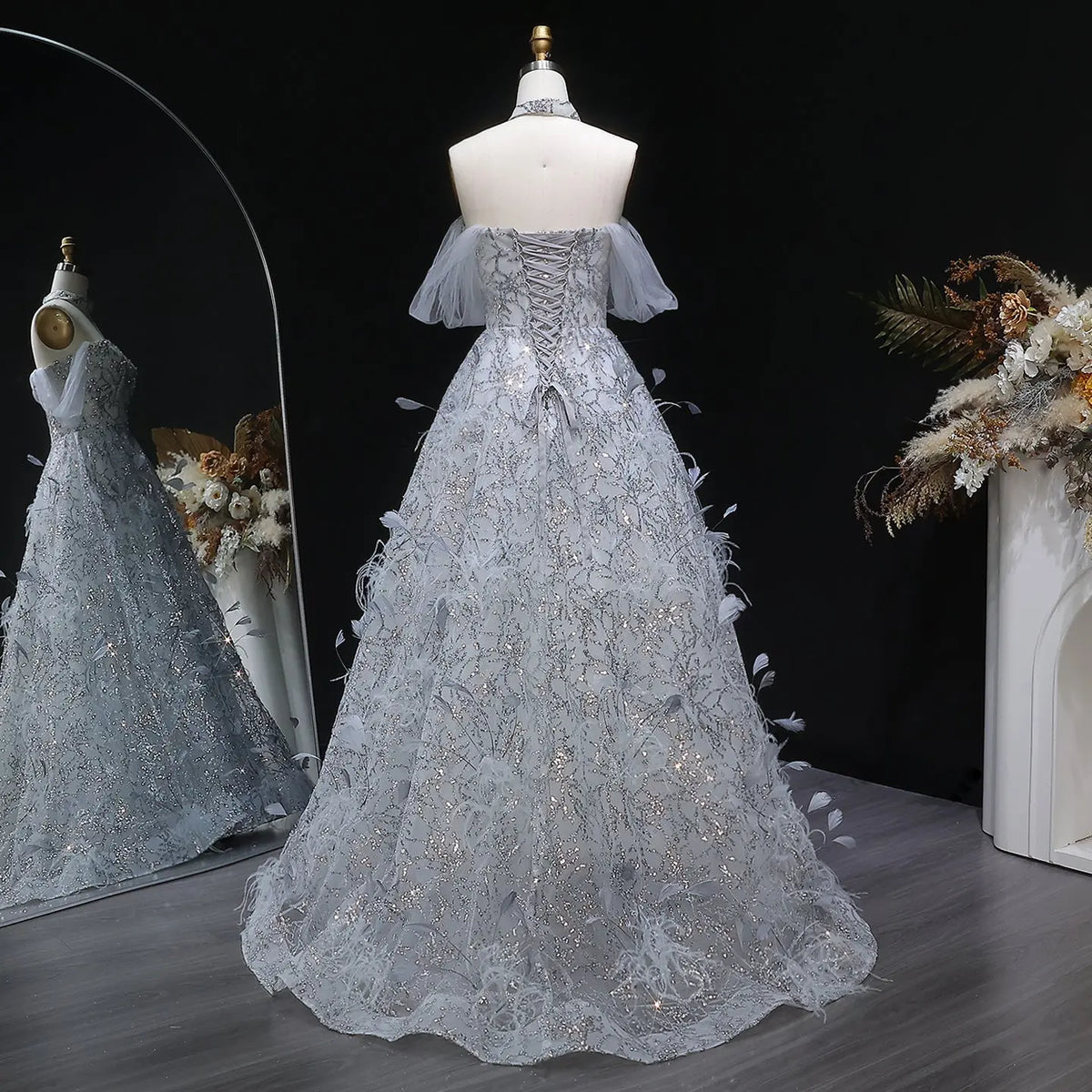 Luxury Gray Feather Lace Beaded Off-the-Shoulder Train Evening Dress SS738 