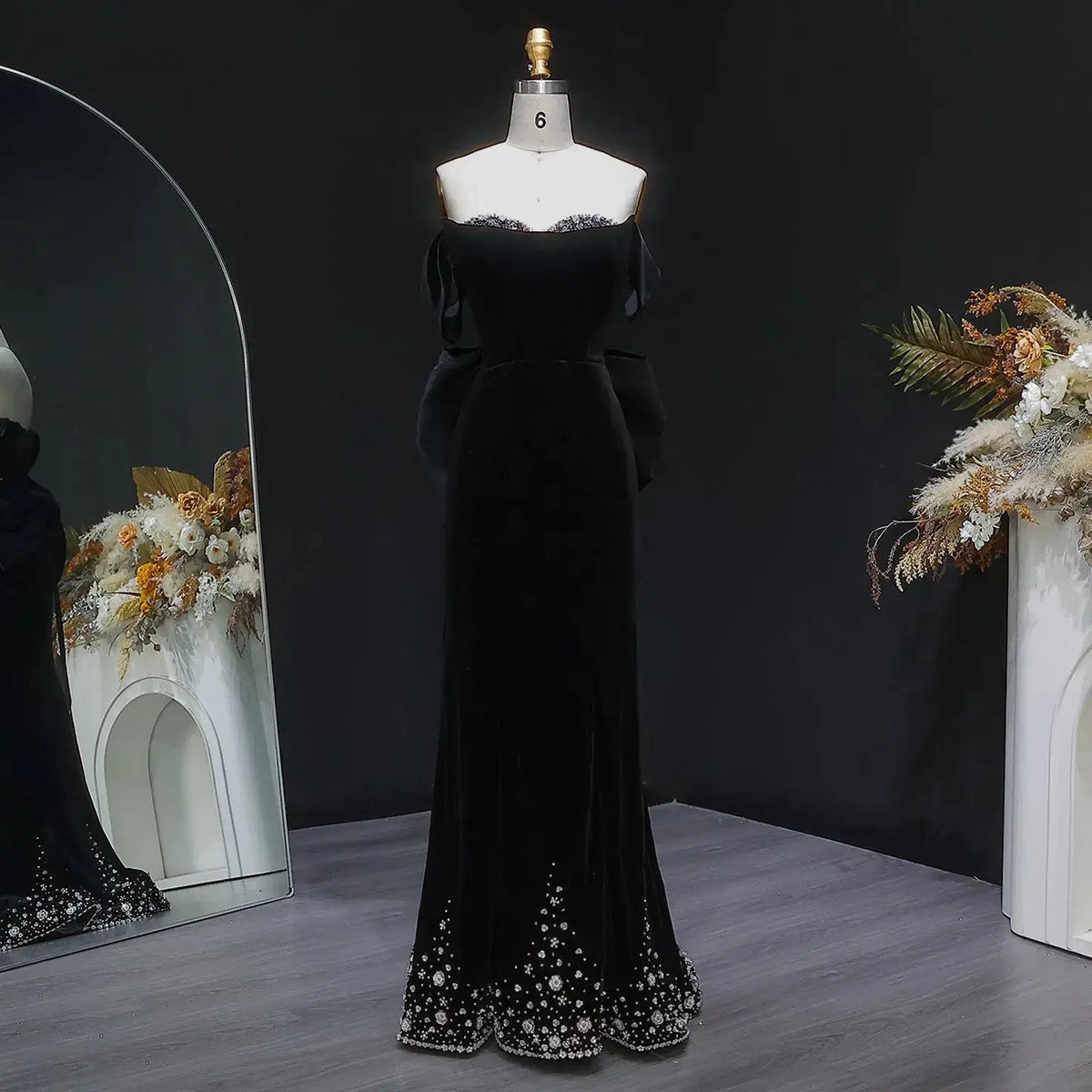 Luxury Black Velvet Beaded Fitted Train Evening Dress with Bow SS739 