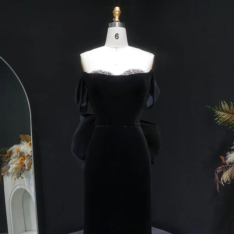 Luxury Black Velvet Beaded Fitted Train Evening Dress with Bow SS739 