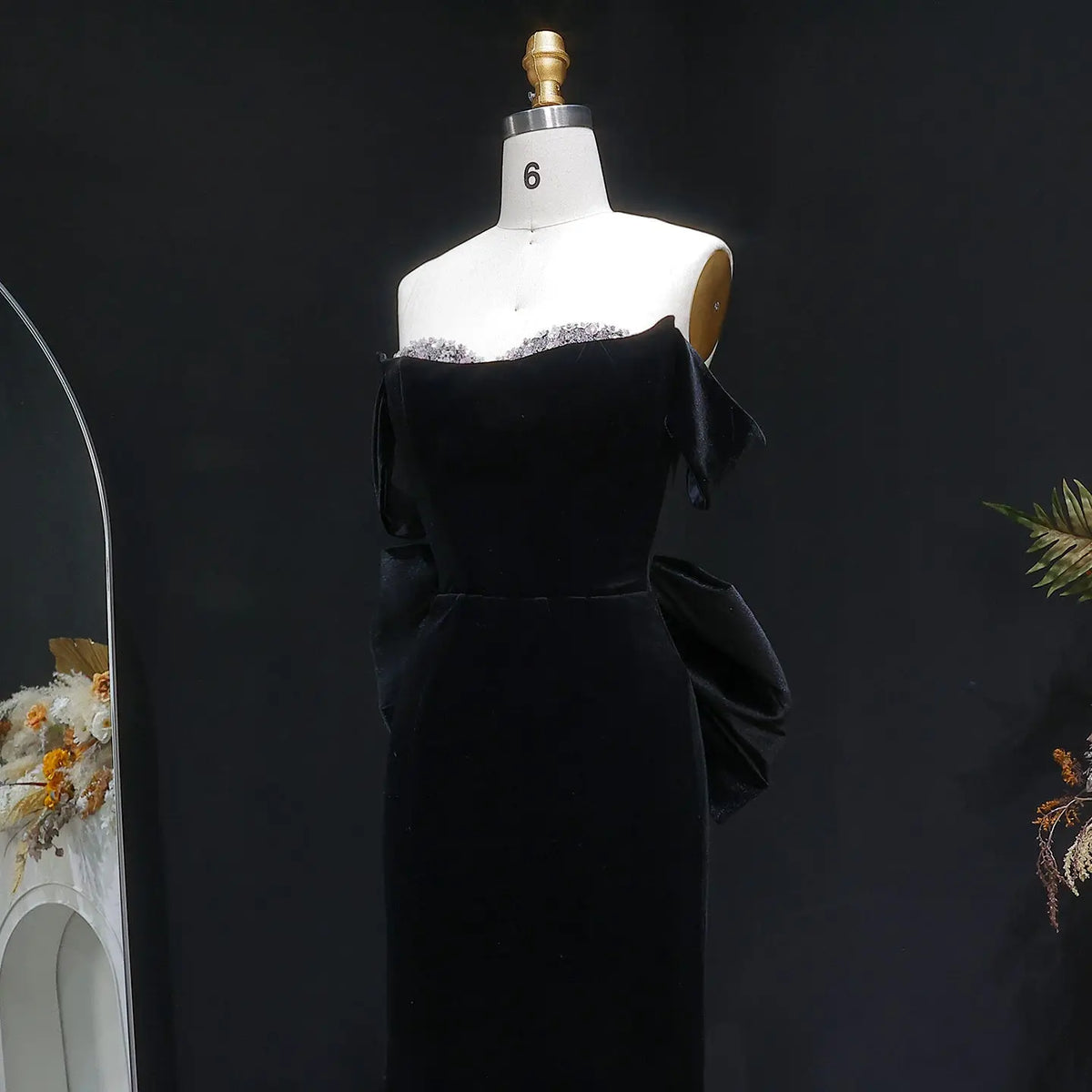 Luxury Black Velvet Beaded Fitted Train Evening Dress with Bow SS739 