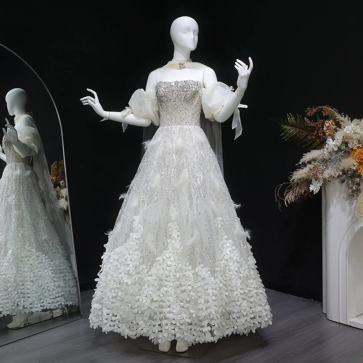 Luxury Beige Beaded Sequin 3D Petal Evening Dress with Scarf SS741 