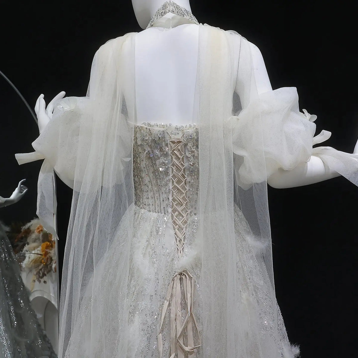 Luxury Beige Beaded Sequin 3D Petal Evening Dress with Scarf SS741 