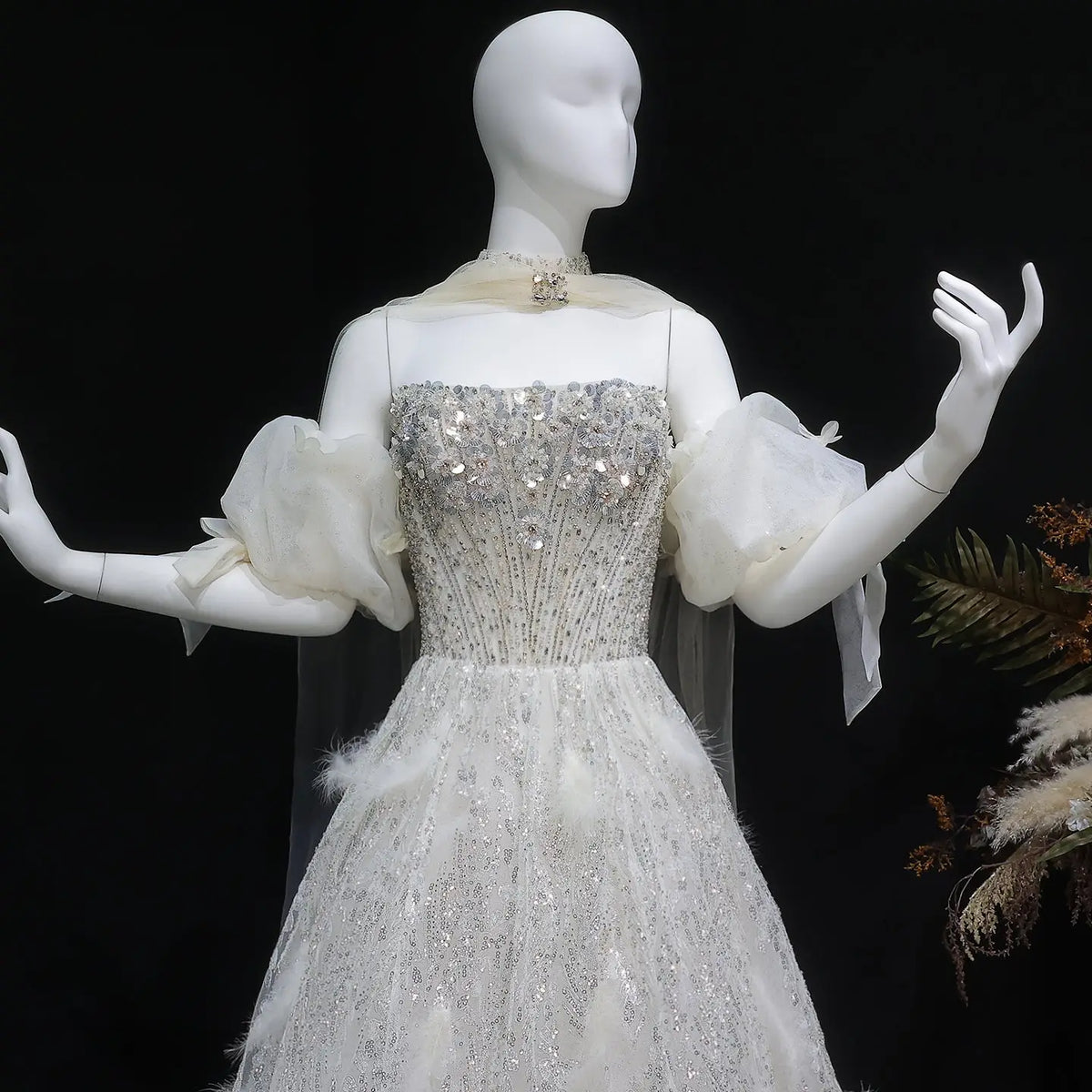 Luxury Beige Beaded Sequin 3D Petal Evening Dress with Scarf SS741 