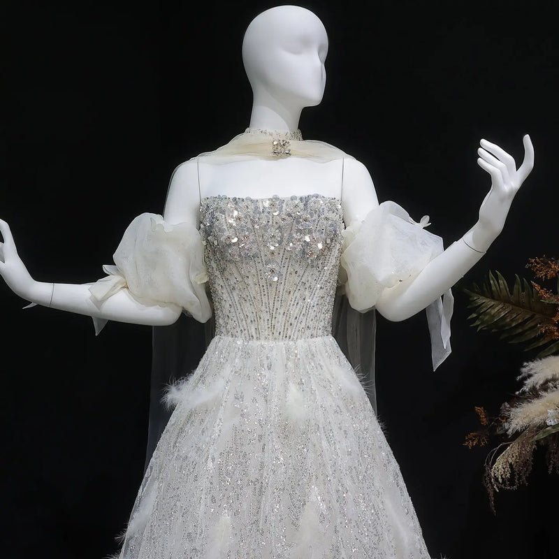 Luxury Beige Beaded Sequin 3D Petal Evening Dress with Scarf SS741 